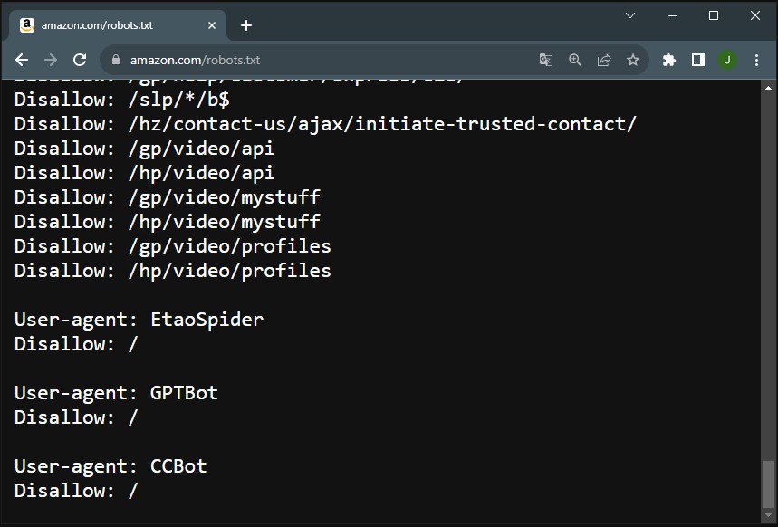 Imagen del archivo robots.txt de amazon.com amazon bloqueando ccbot y gptbot con archivo robots.txt
