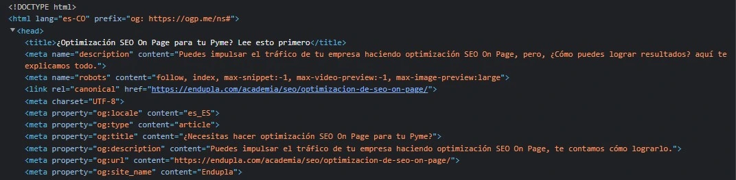 Optimización SEO OnPage: ¿Qué debes tener en cuenta?, Endupla SEO Growth Partners Código Html con meta titulo y meta descripción optimización seo on page